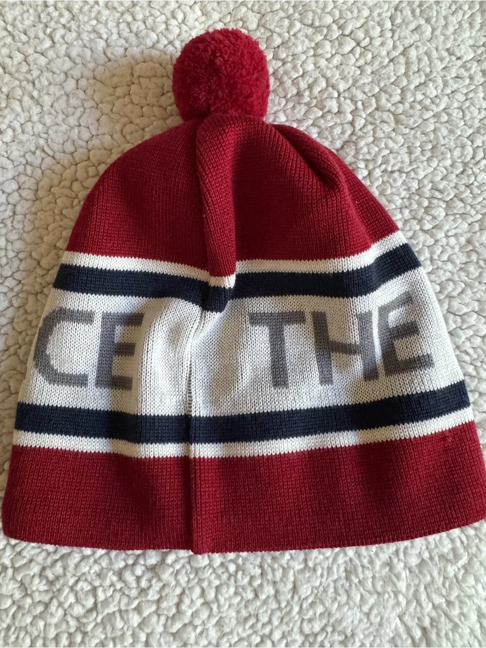 The North Face Red, White and Navy Pom Beanie